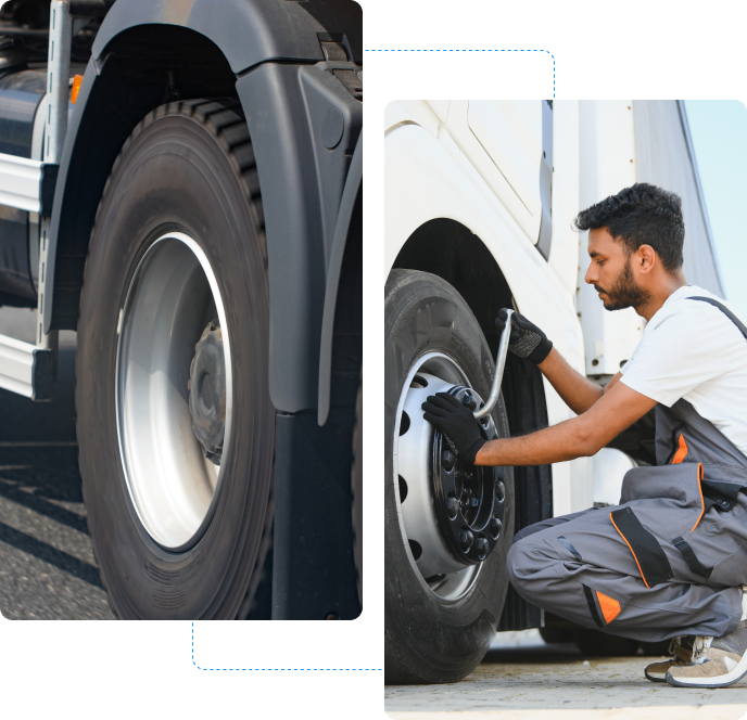 Mechanic inspecting truck tire condition.