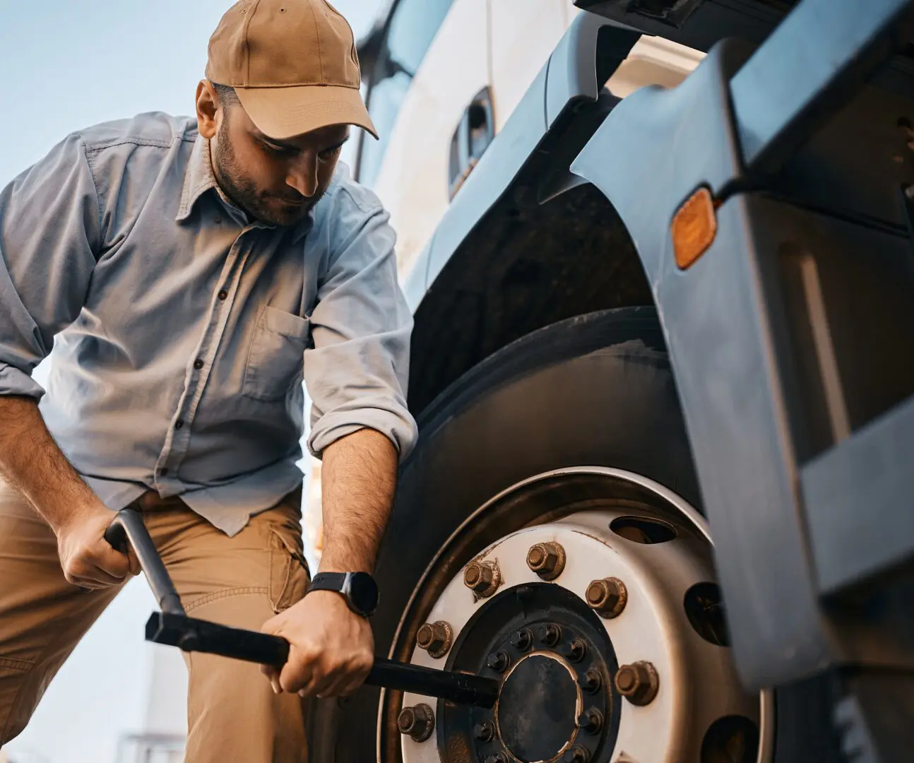 Man fixing large vehicle tire with tools.