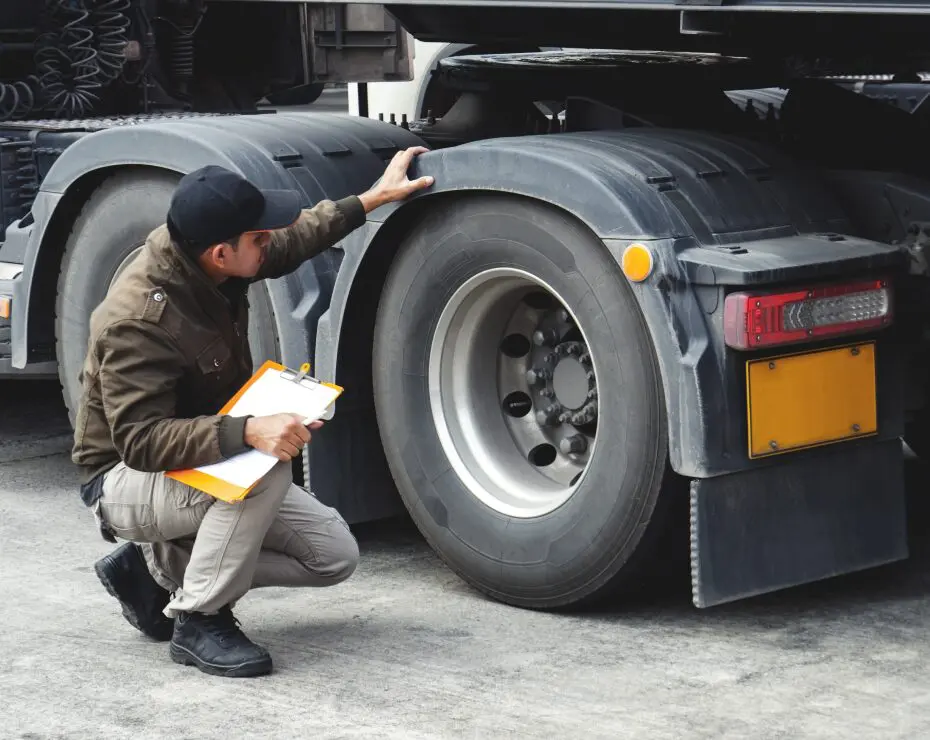 Inspector examining truck tire with clipboard.