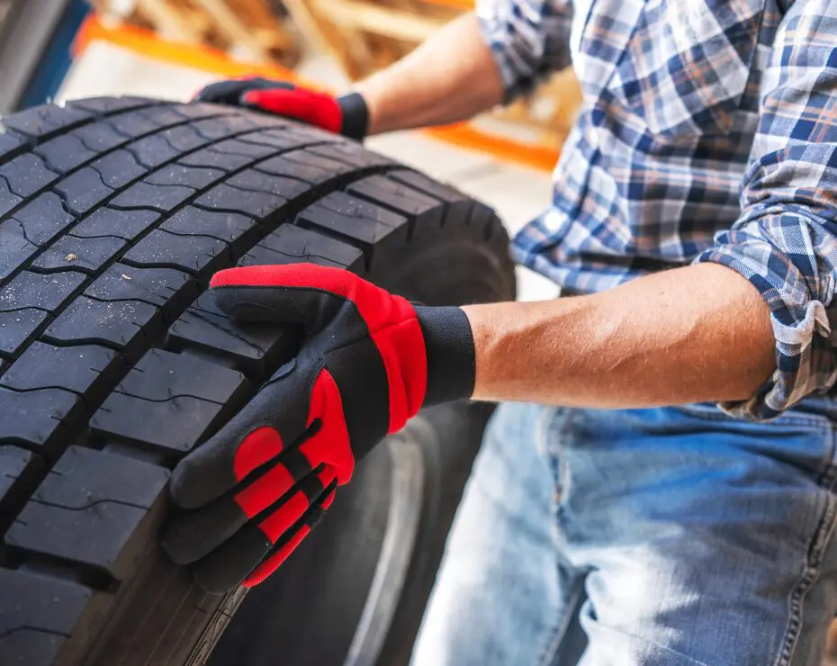 Person handling large tire wearing red gloves.