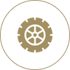 Gear wheel inside a circular border design.