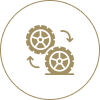 Two gears with arrows in circle.