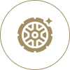 Gold wheel icon with star accent.