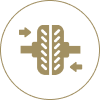 Tire tread with arrows indicating direction.