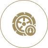Gold tire and gauge icon on black.