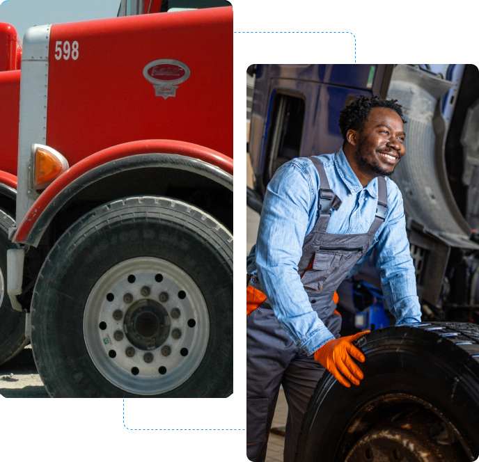 Tire A collage of photos with a man in front of a truck.
